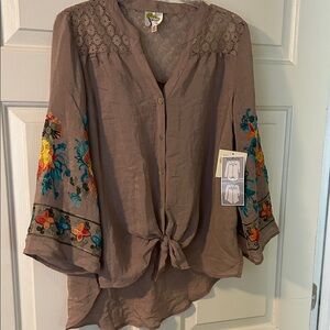 Fig and Flower Taupe Blouse with Colorful Embroidery
